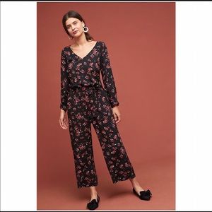 Anthropologie black floral cropped jumpsuit, L Velvet by Graham & Spencer